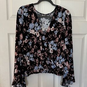 American Eagle Outfitters Black Floral Wrap Blouse with Blue & Pink Blooms